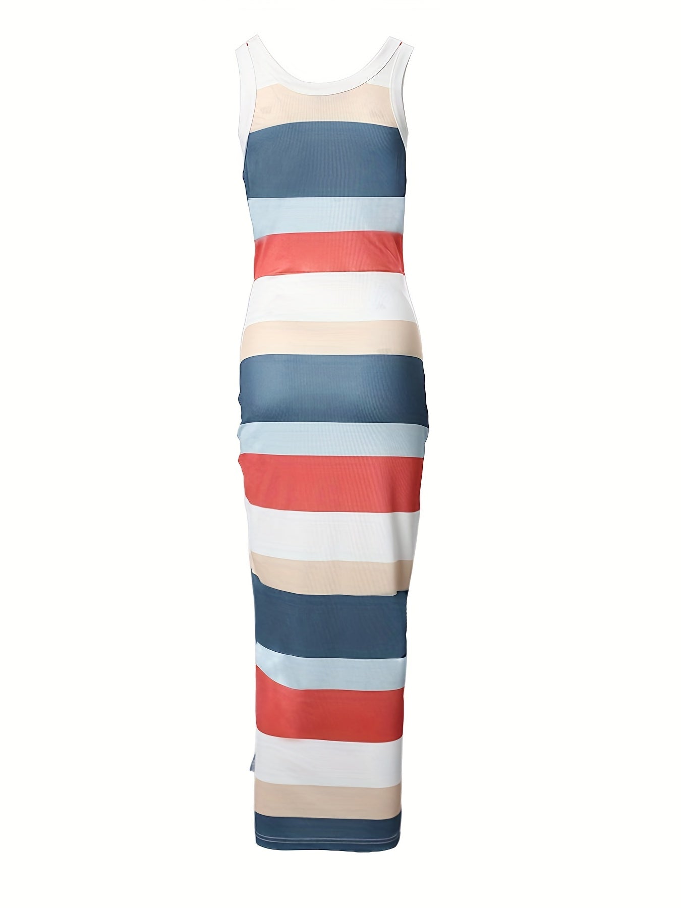 Striped Print Drawstring Dress Casual Crew Neck Sleeveless Split Summer Dress