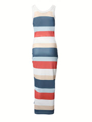 Striped Print Drawstring Dress Casual Crew Neck Sleeveless Split Summer Dress