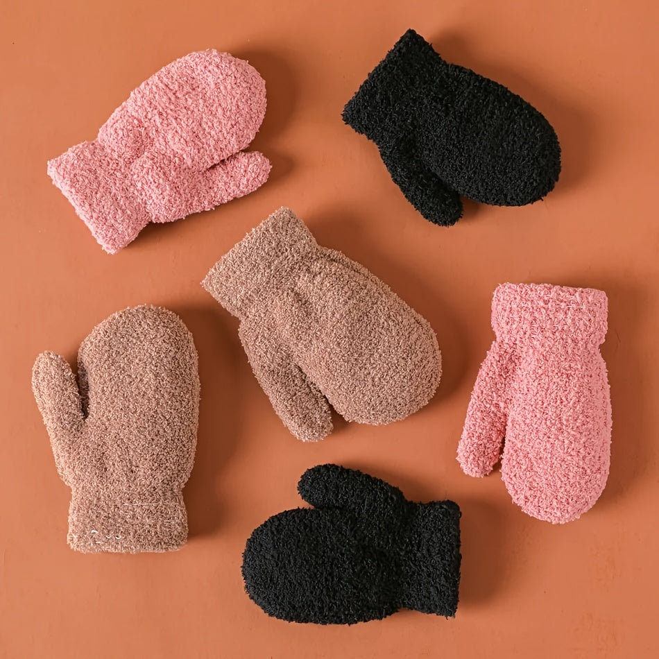 Kids Lined Fleece Warm Mittens Winter Knitted Gloves