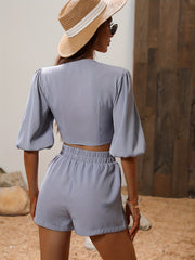 Tie Front Crop Top & Elastic Waist Shorts Set Women's Clothing