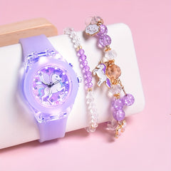 Hot Deal Cartoon Pony Silicone Strap LED Girls Watch Quartz Wristwatch Set