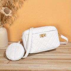 Quilted Shoulder Bag Faux Leather Crossbody Bag Zipper Turn Lock