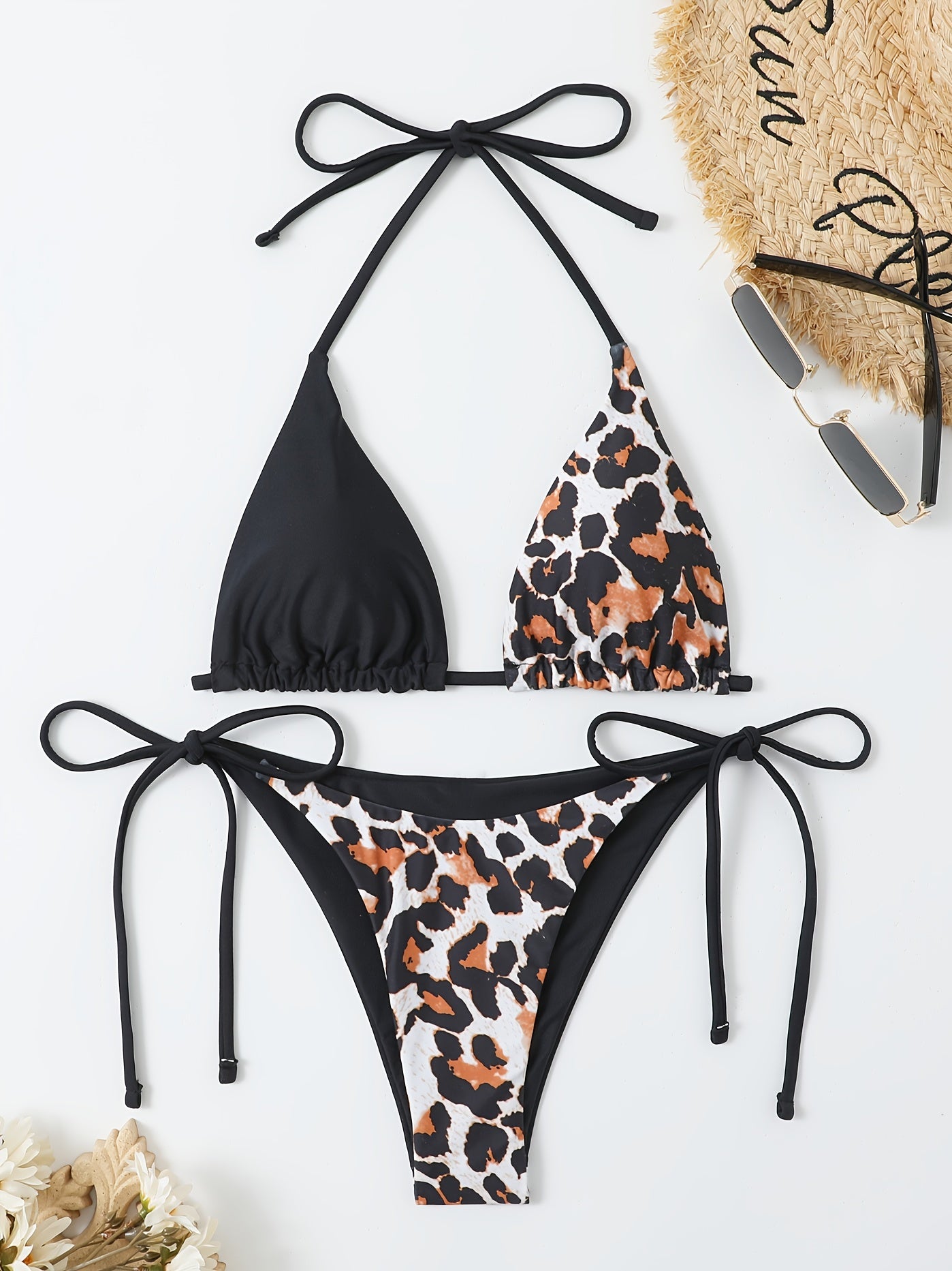 Leopard & Plain Triangle Halter Neck Two Piece Bikini Set
