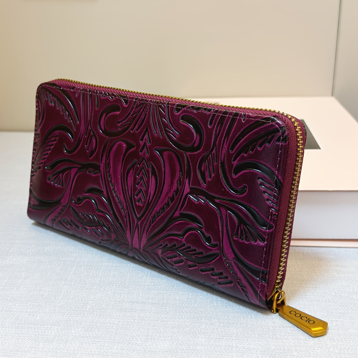 Floral Embossed Leather Clutch Zipper Closure Purple Coffee Brown