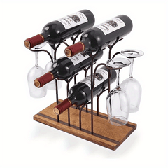 Stylish Tabletop Wine Rack for 4 Bottles and 4 Glasses Wood and Metal Constr