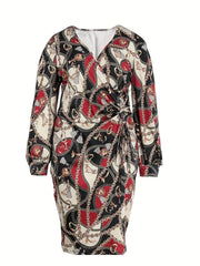 Baroque Print Surplice Neck Tie Midi Dress