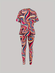 Colorblock Lounge Set Short Sleeve Crew Neck Top & Elastic Waistband Pants