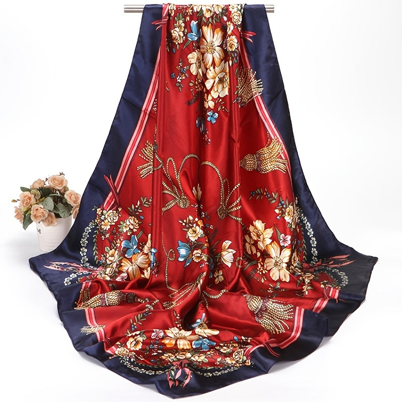 Satin Flower Print Headband Scarf Vintage Warm Shawl for Women