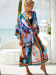 Boho Cover Up Robe Women's Plus Allover Print Half Sleeve Long Robe