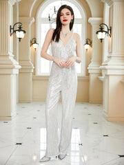 Sequined V Neck Jumpsuit w/Belt