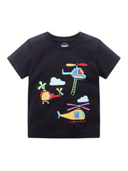 Boys Helicopter Print Casual Cotton Short Sleeve T Shirt