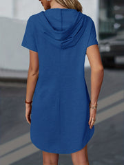 Drawstring Hooded Dress Casual Short Sleeve Solid Dress