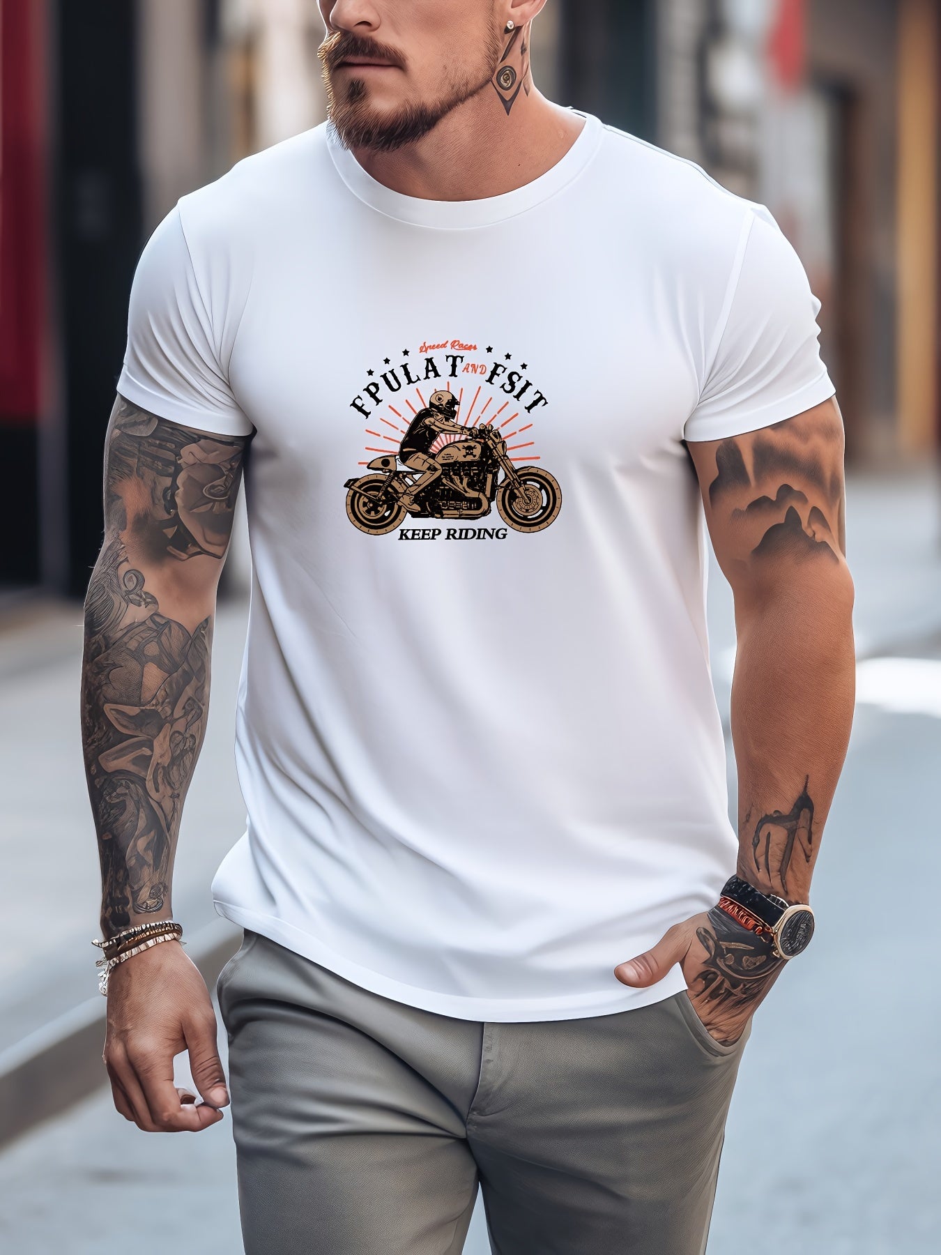 Biker & Dog Pattern Print Men's Comfy T shirt Graphic Tee Men's Outdoor Clothes