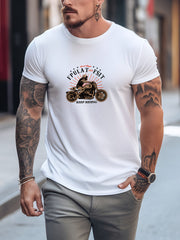 Biker & Dog Pattern Print Men's Comfy T shirt Graphic Tee Men's Outdoor Clothes