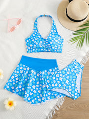 3pcs Girl's Floral Top & Skirt & Bikini Swimsuit Set Kids Beach Clothes