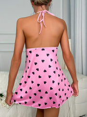 Heart Print Halter Nightdress Lace Up Sleep Dress