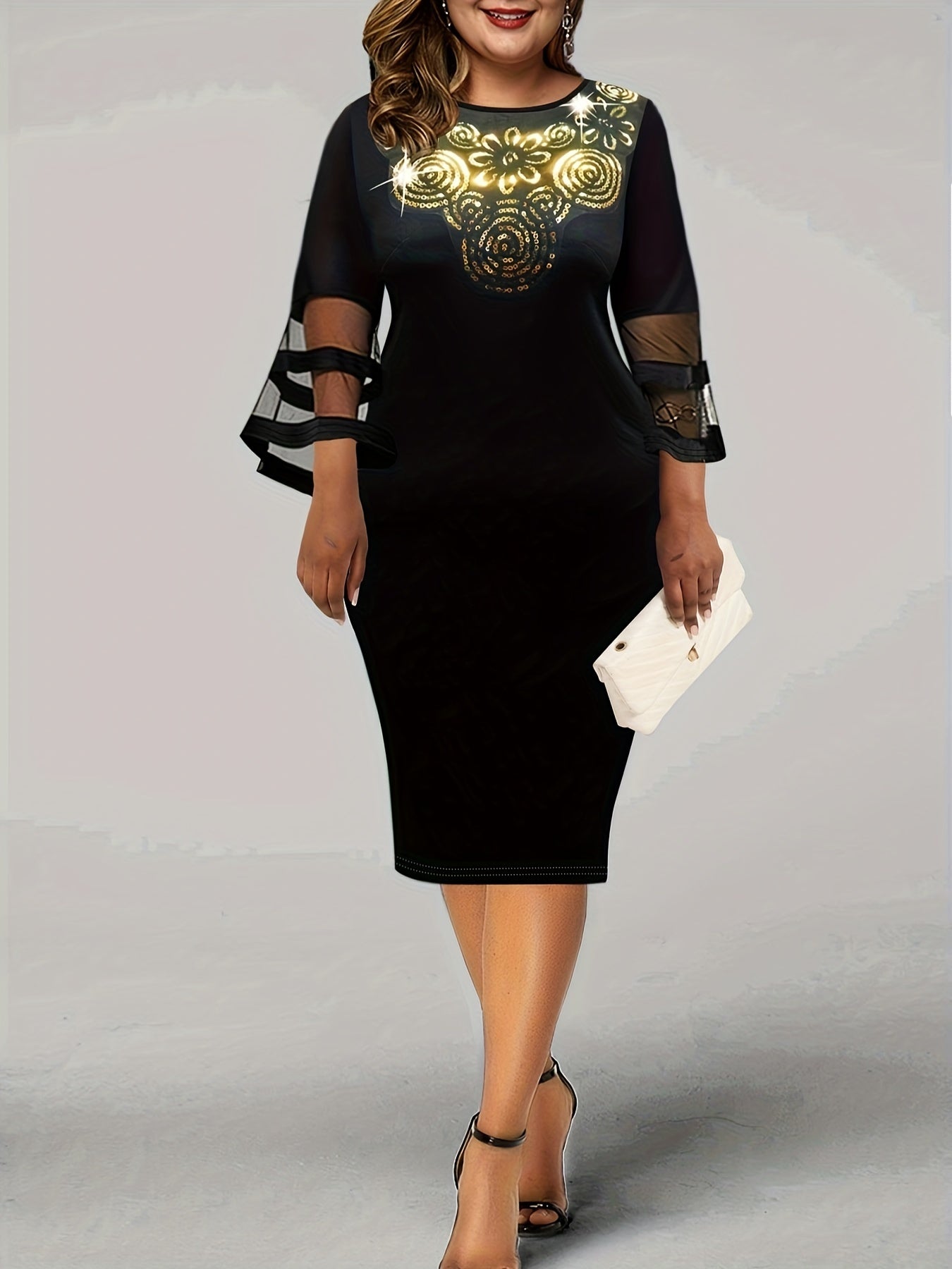 Plus Glitter Sequin Mesh Bell Sleeve Bodycon Dress
