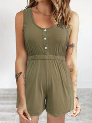 Solid Button Up Round Neck Romper