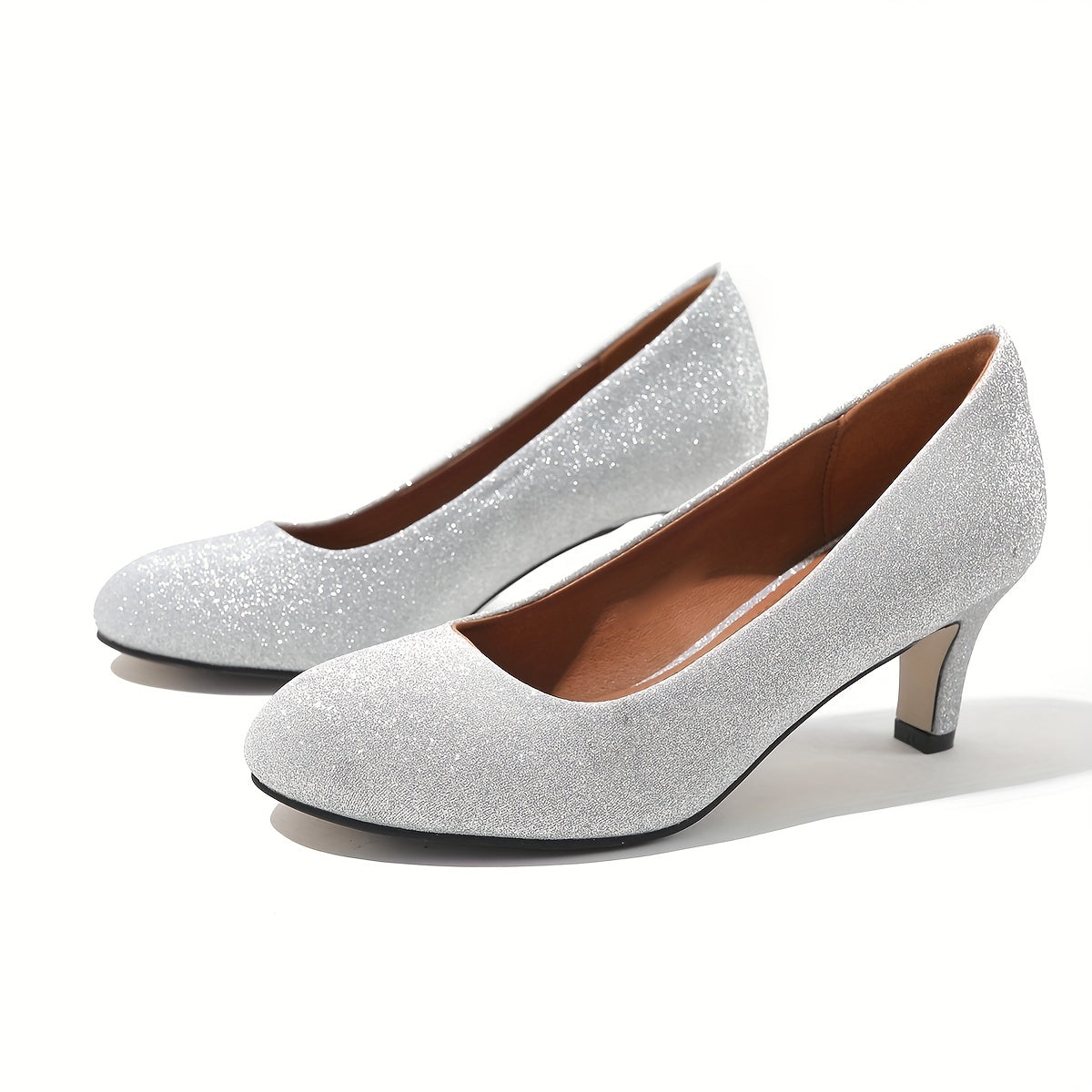 Women's Glitter Silver Slip On Kitten Heel Shoes