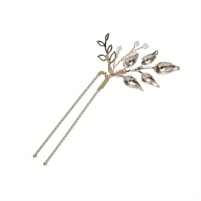Alloy Flower Golden Hair Pin Inlaid Faux Pearl U shaped Hairpin Ponytail Holder