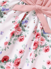 Toddler Girls Ruffle Trim Flowers Button Spliced Belted Princess Dress