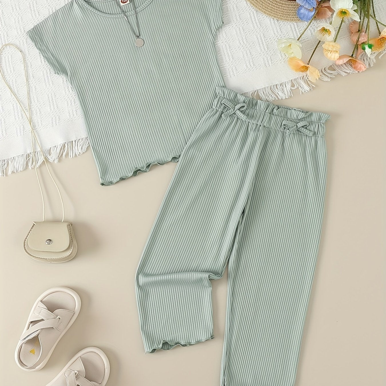 Girl's Ribbed T-shirt & Bowknot Pants Set Summer Outfit