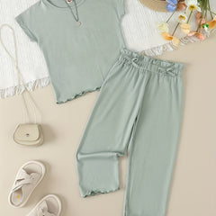 Girl's Ribbed T-shirt & Bowknot Pants Set Summer Outfit