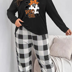 Halloween Casual Pajama Set Ghost & Bat Print Tee & Plaid Pants Set