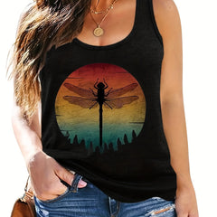 Dragonfly Print Round Neck Plus Size Tank Top
