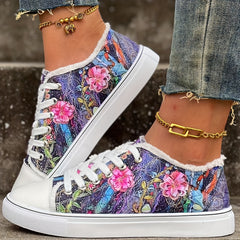 Women's Flower Pattern Canvas Shoes Casual Lace Up Outdoor Shoes