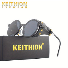 KEITHION Steampunk Round Vintage Sunglasses Leather Side Glasses UV 400