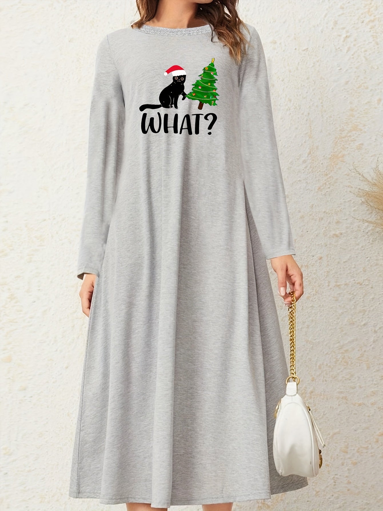 Christmas Cat & Tree Print Long Sleeve Nightdress