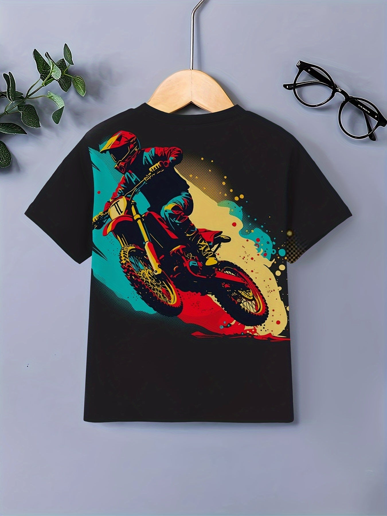 Motorcycle Rider Graffiti Print Boy's Casual Short Sleeve T-shirt