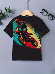 Motorcycle Rider Graffiti Print Boy's Casual Short Sleeve T-shirt