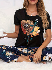 Big Flower Print Lounge Set Colorblock Top & Pants Women's Loungewear