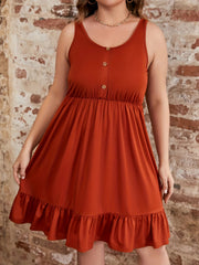 Casual Dress Women's Solid Button Ruffle Trim Round Neck Tank Dress