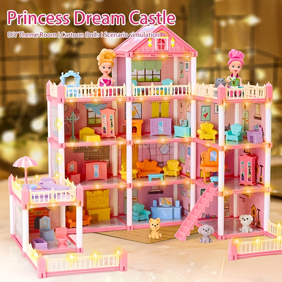 DIY Pink Doll House Playset with Doll Figures and Furniture