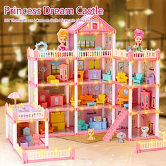 DIY Pink Doll House Playset with Doll Figures and Furniture