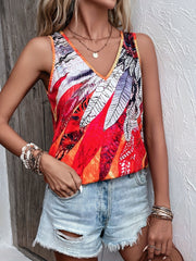 Boho Plant Print V Neck Tank Top Sleeveless Summer Top
