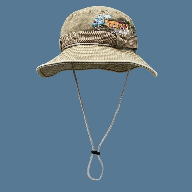Outdoor Washed Sun Protection Embroidered Train Pattern Bucket Hat