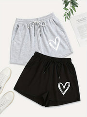 2 Pack Plus Size Casual Shorts Women's Plus Heart Print Drawstring Shorts