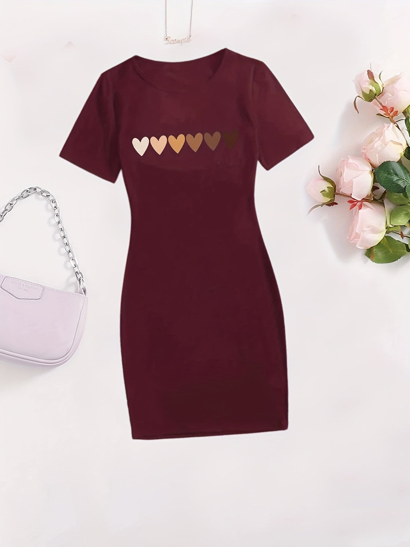 Heart Print Bodycon Dress Short Sleeve for Spring & Summer