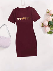 Heart Print Bodycon Dress Short Sleeve for Spring & Summer