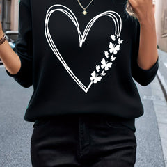 Heart Print Crew Neck Sweatshirt for Women