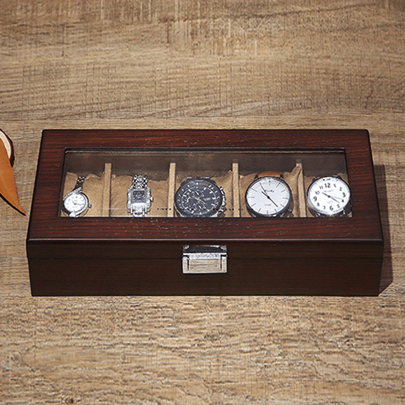 5 Grid Retro Wooden Watch Box Display Jewelry Bracelet Necklace Storage
