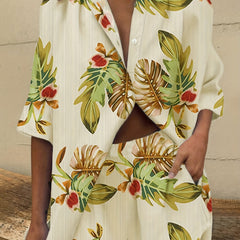 Tropical Print Button Up Skirt & Shorts Outfit Set