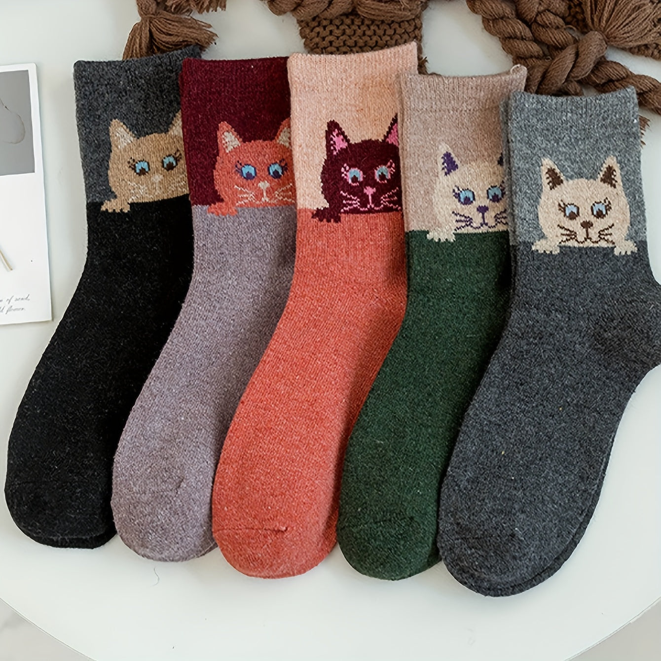 5 Pairs Cat Print Cartoon Socks Warm Mid Tube Women's Stockings