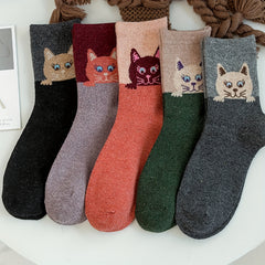 5 Pairs Cat Print Cartoon Socks Warm Mid Tube Women's Stockings