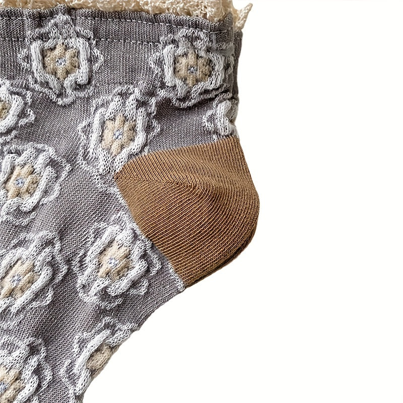 5 Pairs 3D Floral Textured Socks Retro Court Style Ruffle Short Socks
