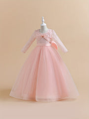 Girls Lace Long Sleeve Catwalk Tulle Maxi Princess Dress